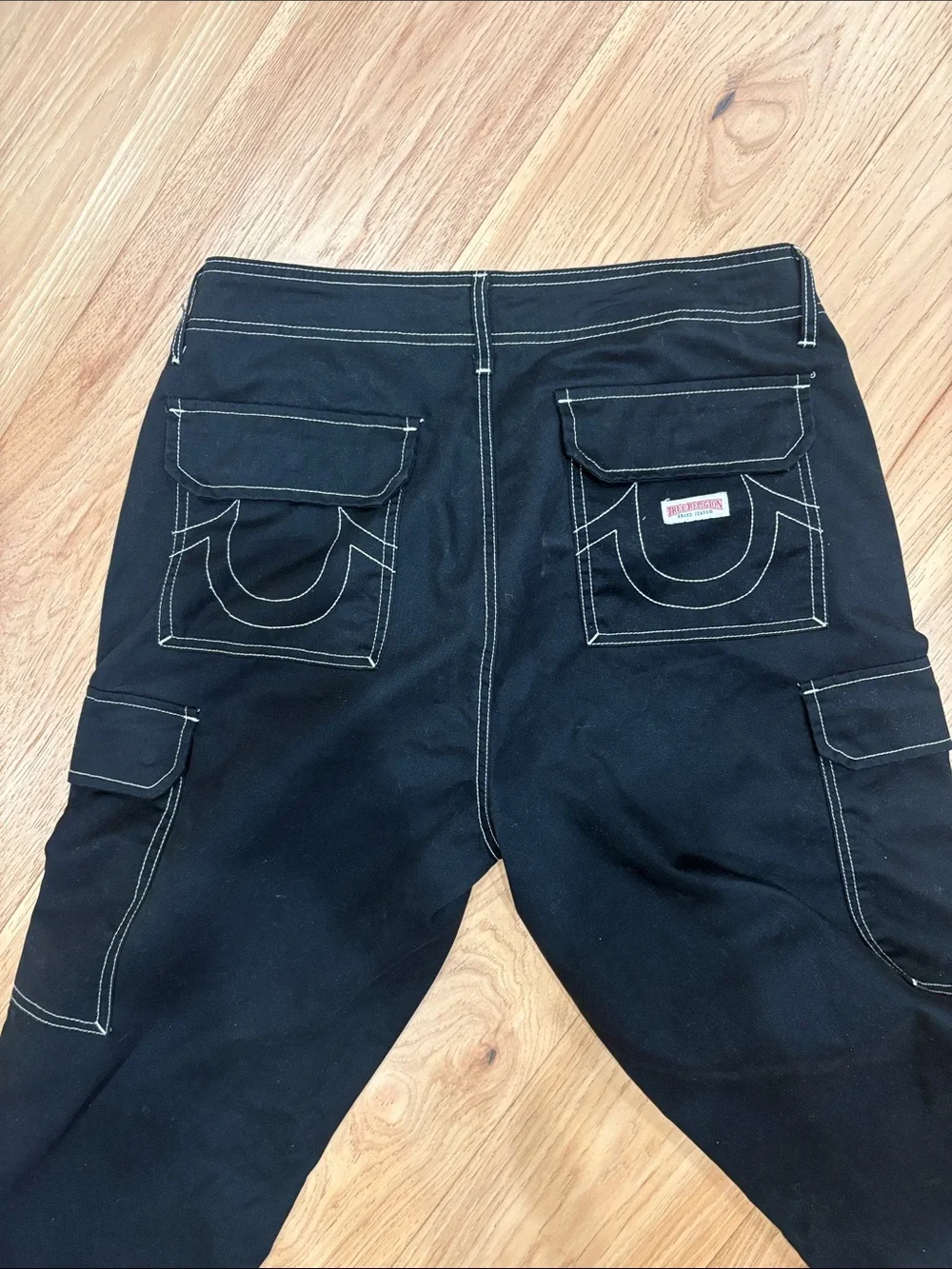True Religion Black Cargo Pants with White Contrast Stitching